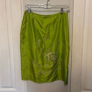 Vintage Y2K 100% Silk Lime Green Embroidered Skirt Size 6